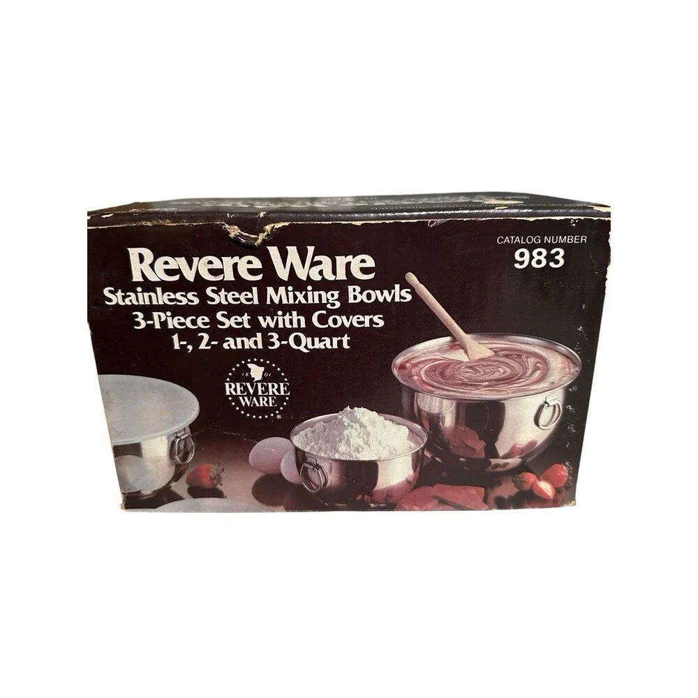 Vintage Revere Ware Stainless Steel Mixing Bowls w/ Lids 3-pc 1, 2,3 QT. New